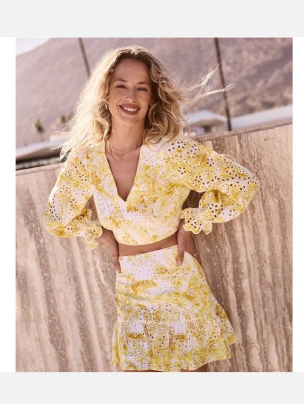 Express Yellow and White Eyelet Two-Piece Skirt Set
